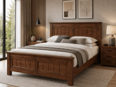 Savoy King Bed in dark wood finish with detailed panelled headboard and matching footboard