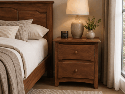 Torino brown wooden bedside table with two drawers and classic curved detailing