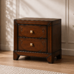Vecna white wash bedside table with two drawers, decorative detailing and square handles