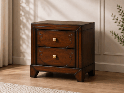 Vecna white wash bedside table with two drawers, decorative detailing and square handles