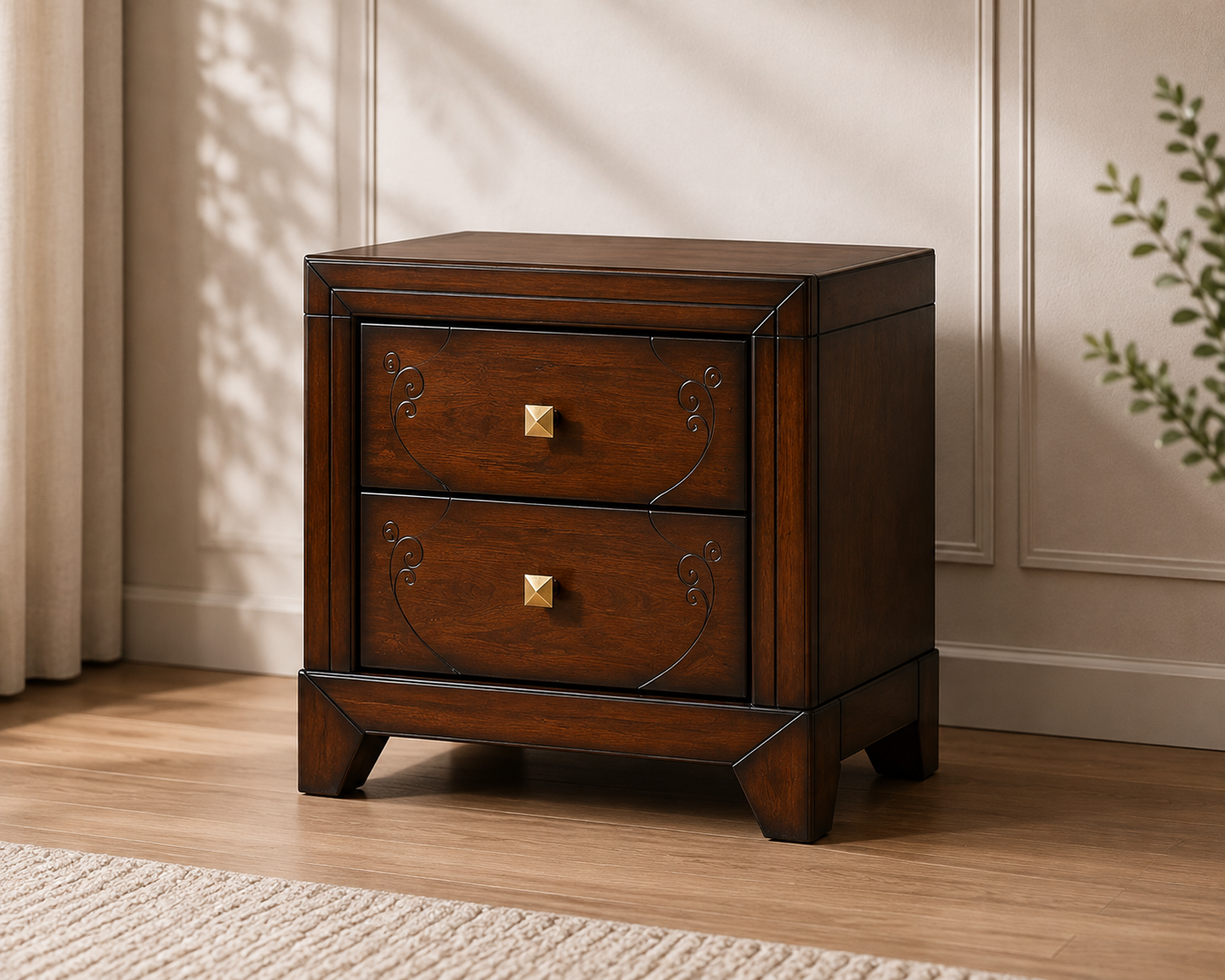 vecna-bedside Vecna white wash bedside table with two drawers, decorative detailing and square handles