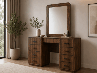 Vienna Dresser with Mirror in Dark Tivol with multiple drawers and fluted wood detailing
