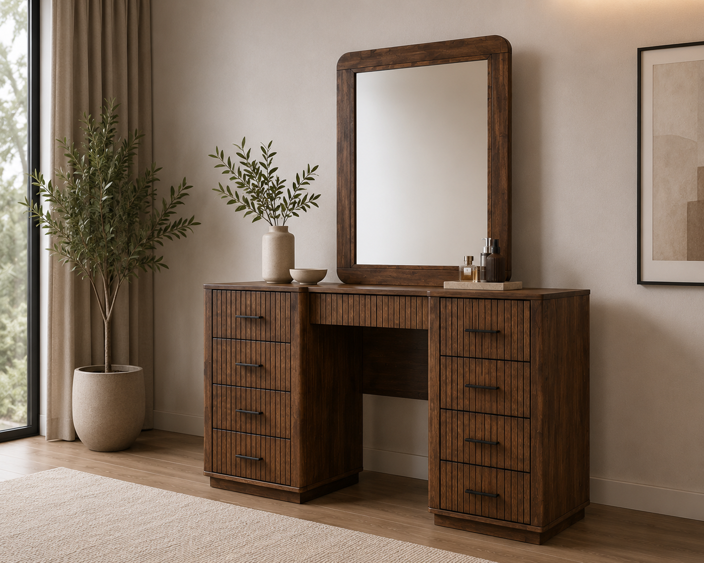 vienna-1-dressor Vienna Dresser with Mirror in Dark Tivol with multiple drawers and fluted wood detailing