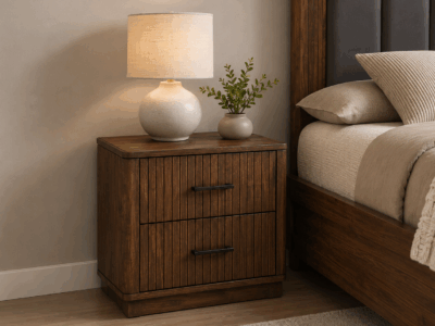 Vienna 2 Drawer Bedside Table in Dark Tivol with vertical fluted wood detailing