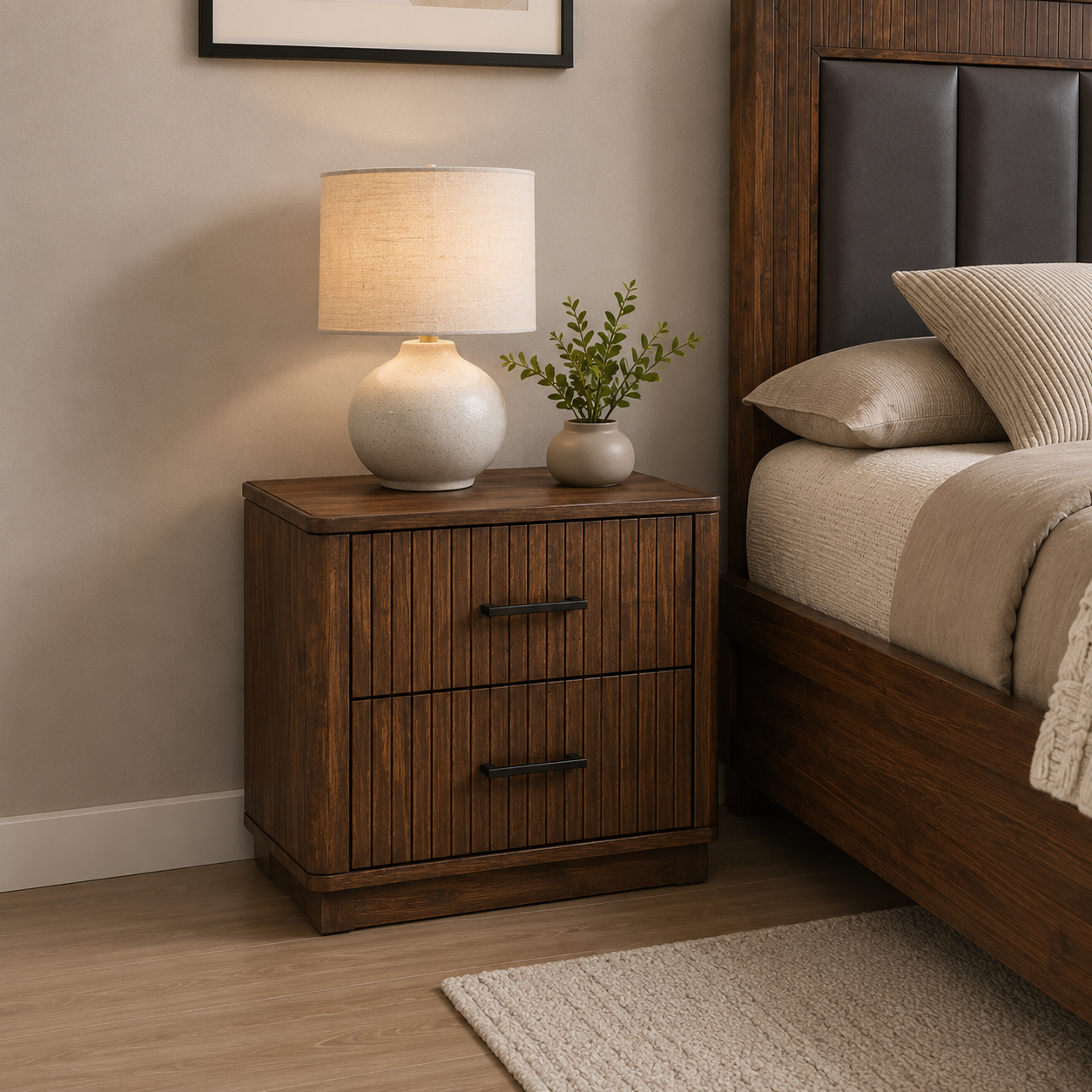 vienna-bedside Vienna 2 Drawer Bedside Table in Dark Tivol with vertical fluted wood detailing