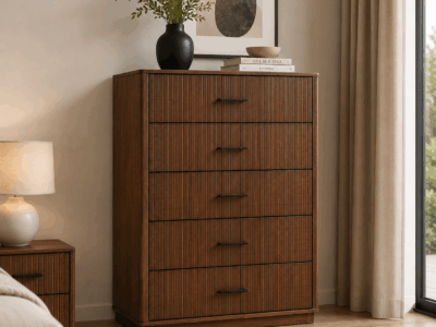 Vienna 5 Drawer Chest of Drawers in Dark Tivol with vertical fluted wood detailing