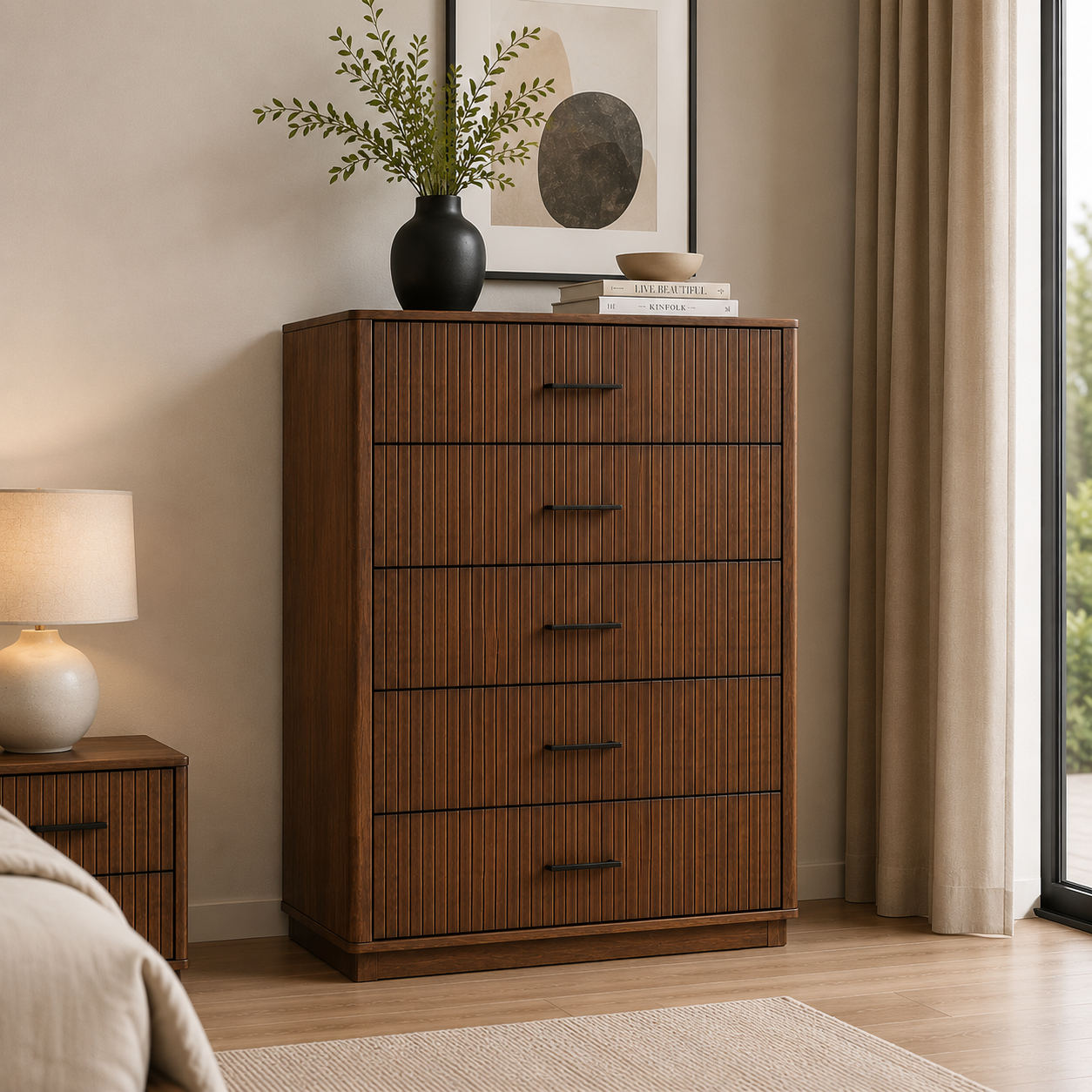 vienna-chest Vienna 5 Drawer Chest of Drawers in Dark Tivol with vertical fluted wood detailing