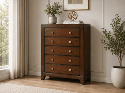 Zecna white wash chest of drawers with five spacious drawers and decorative detailing