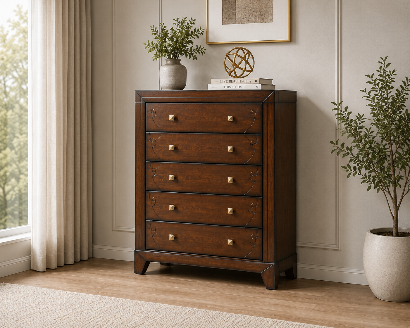 zecna-chest of drawers Zecna white wash chest of drawers with five spacious drawers and decorative detailing