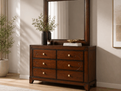 Zecna white wash wooden dresser with six drawers and large matching mirror