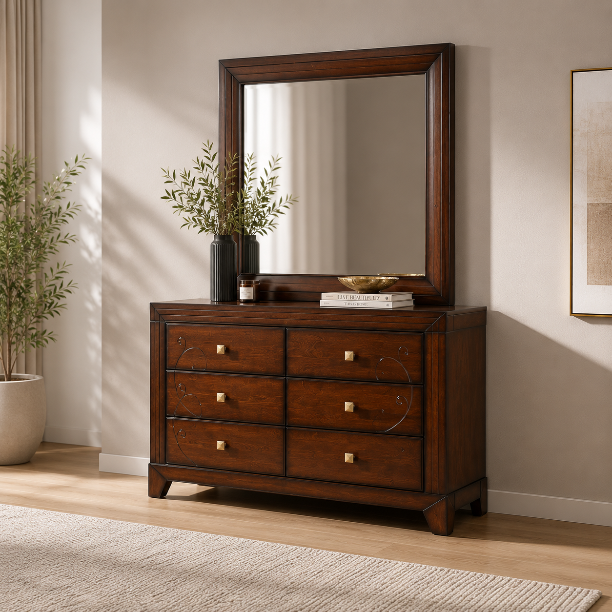zecna-dressor Zecna white wash wooden dresser with six drawers and large matching mirror