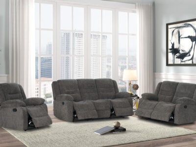 New Crescent 6-seater dark grey recliner sofa set in a modern living room