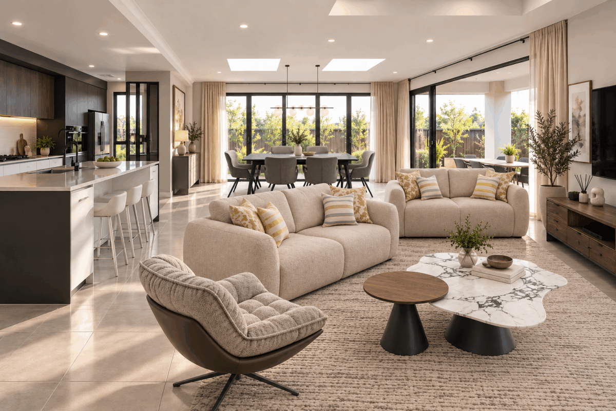 Sophisticated living, dining and open kitchen that is complemented by bespoke furniture