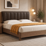 Carlton Queen Bed with rich wood frame and dark brown channelled upholstered headboard