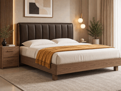 Carlton Queen Bed with rich wood frame and dark brown channelled upholstered headboard
