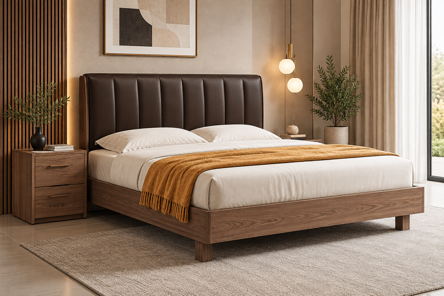 Carlton Queen Carlton Queen Bed with rich wood frame and dark brown channelled upholstered headboard