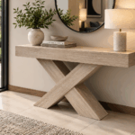 X Marble Stone Console Table with crossed X-shaped base in a modern interior