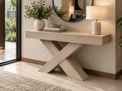 X Marble Stone Console Table with crossed X-shaped base in a modern interior