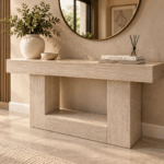 Marble stone console table with open lower shelf in a modern living room