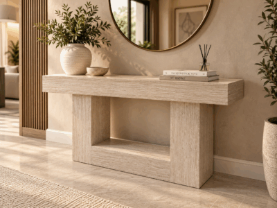 Marble stone console table with open lower shelf in a modern living room