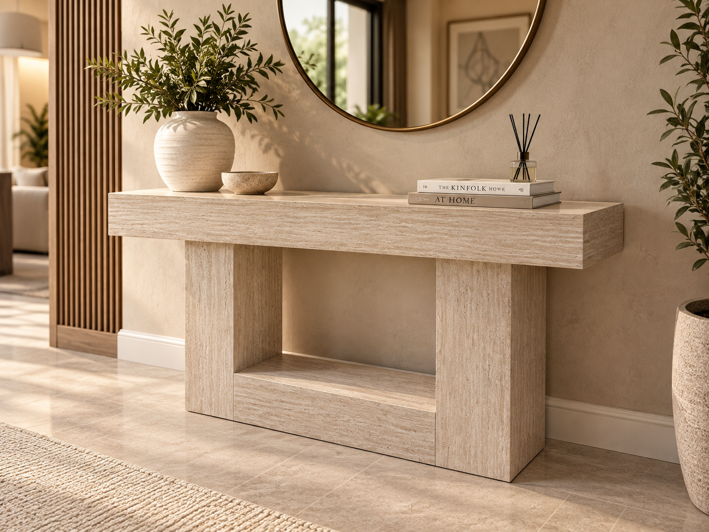 ChatGPT Image Sep 17, 2026, 09_23_35 AM Marble stone console table with open lower shelf in a modern living room