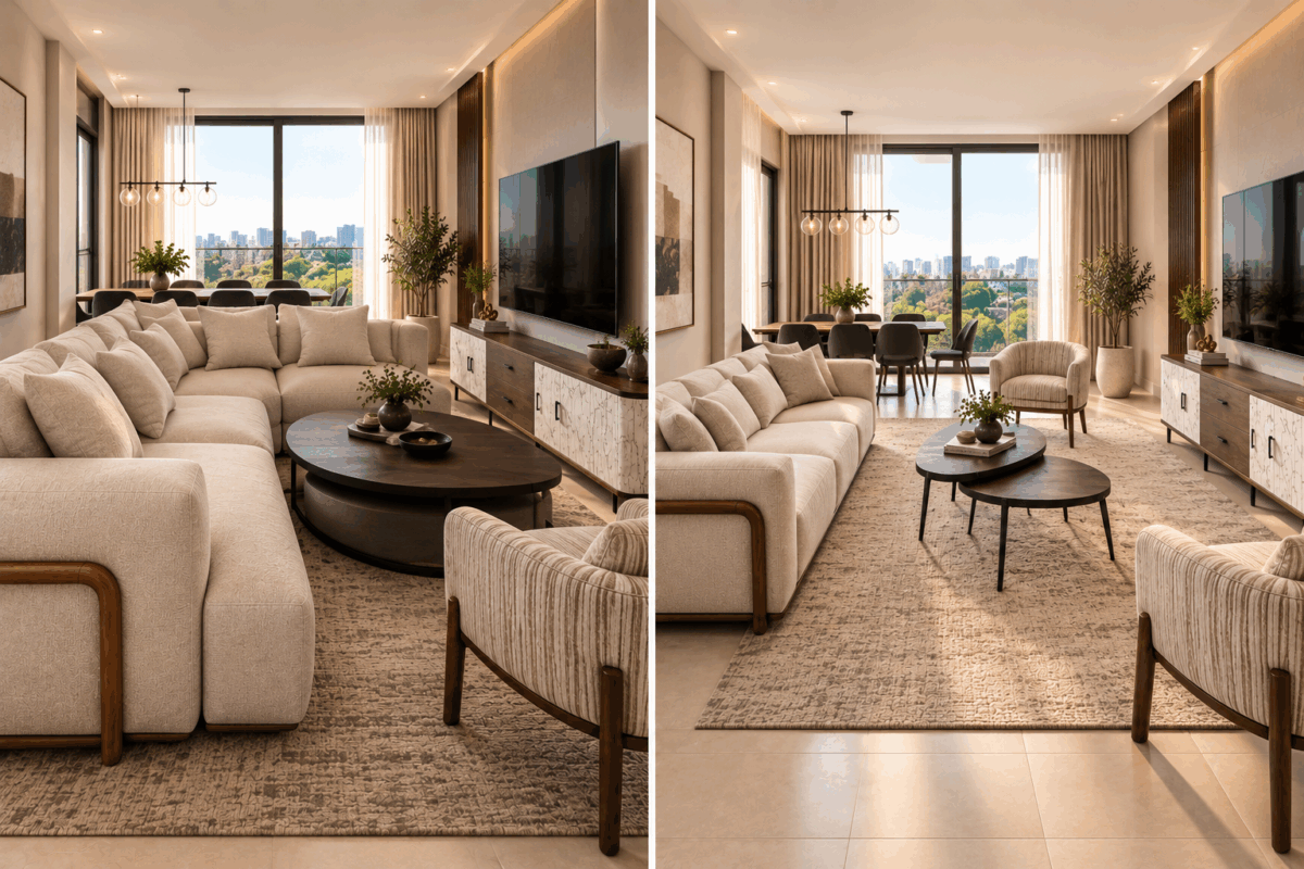 comparison of a well utilised living room space: on the left space is not properly utilised  whereas on the right  side the furniture utilises space well