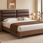 Danton Queen Bed with warm wood frame and deep brown horizontal padded headboard