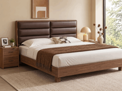 Danton Queen Bed with warm wood frame and deep brown horizontal padded headboard