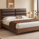 Danton Queen Bed with warm wood frame and deep brown horizontal padded headboard
