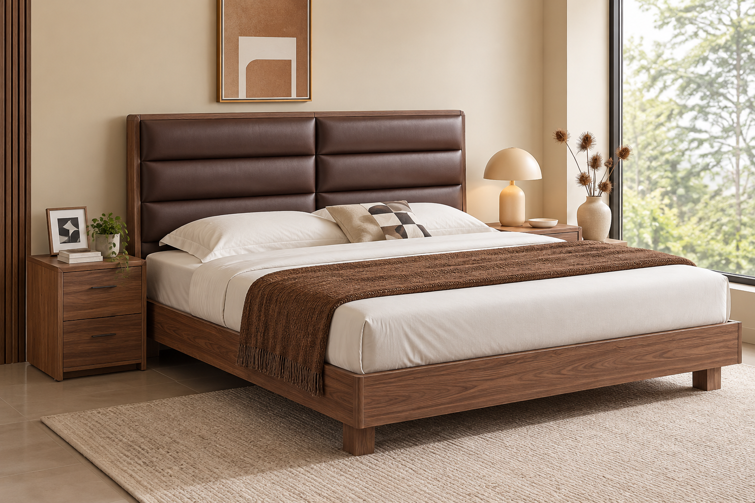 Danton-bed Danton Queen Bed with warm wood frame and deep brown horizontal padded headboard