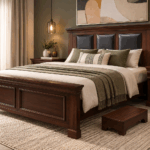 Heritage mahogany king bed with two matching bedside tables and wooden stepping stool