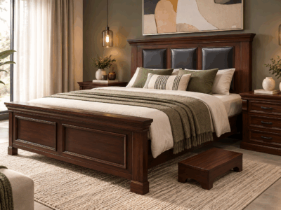 Heritage mahogany king bed with two matching bedside tables and wooden stepping stool