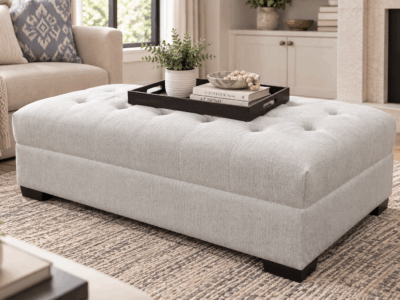 Sorrent Ottoman with light neutral tufted upholstery and dark wooden feet