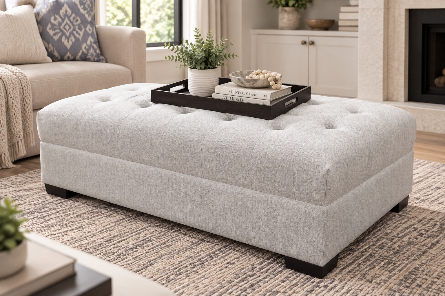 Sorrent Ottoman Sorrent Ottoman with light neutral tufted upholstery and dark wooden feet