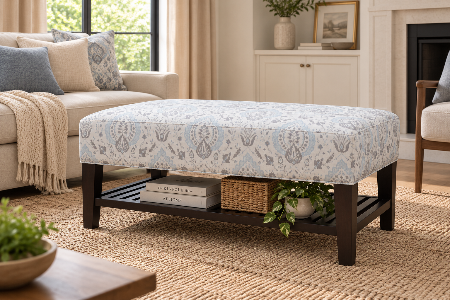Torrent Ottoman with Wood Panel Torrent ottoman with patterned upholstered top, dark wooden frame and lower storage shelf