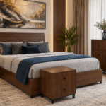 African Wenge King Bed with rich dark wood finish and contemporary sculpted headboard