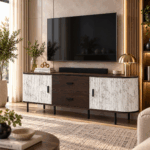 Airo Marble TV Stand with white marble-effect doors, mocha drawers and sleek raised legs