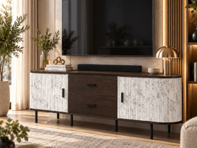 Airo Marble TV Stand with white marble-effect doors, mocha drawers and sleek raised legs