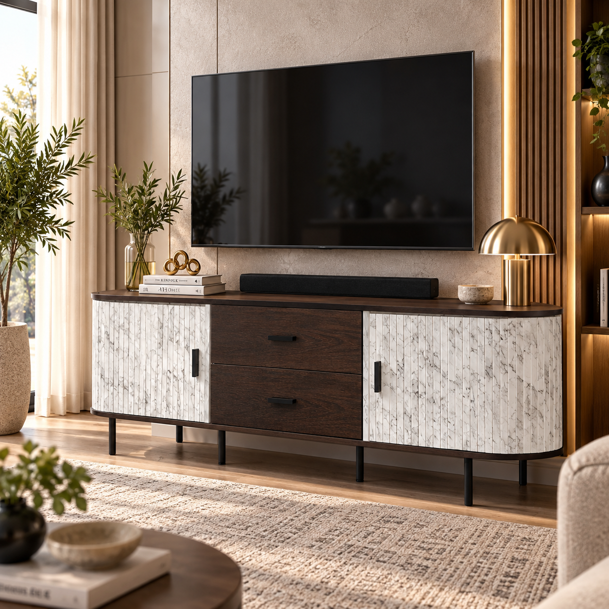 airo-tv-stand Airo Marble TV Stand with white marble-effect doors, mocha drawers and sleek raised legs