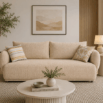 Alto 2 seater RAF stationary sofa in beige with plush cushions
