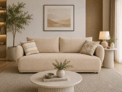 Alto 2 seater RAF stationary sofa in beige with plush cushions