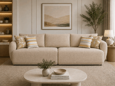 Alto 2 seater LAF stationary sofa in beige with plush cushions