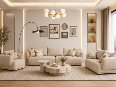 Alto 6 seater beige sofa in a modern living room