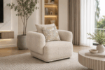 Alto single sofa in beige with rounded arms and decorative cushions