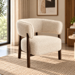Bellara cream textured accent chair with curved backrest and dark wooden frame