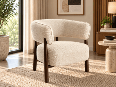 Bellara cream textured accent chair with curved backrest and dark wooden frame