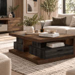 Berlin coffee table with rustic wood finish, dark storage compartments, open shelving and drawer