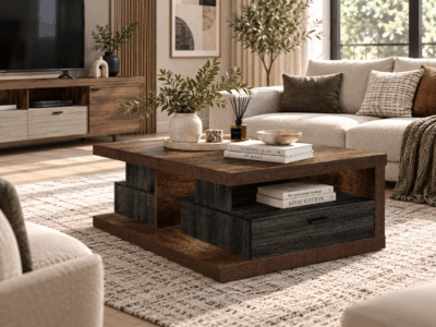 Berlin coffee table with rustic wood finish, dark storage compartments, open shelving and drawer
