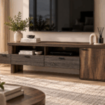 Berlin TV stand with rich wood finish, drawers, open shelving and enclosed cabinet storage