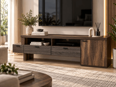 Berlin TV stand with rich wood finish, drawers, open shelving and enclosed cabinet storage